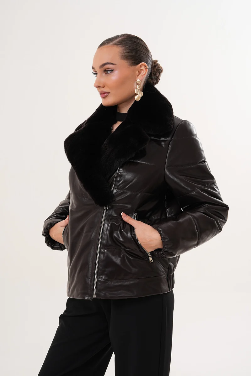 The Elvaris Dark Chocolate Leather Women Jacket with Fur Collar