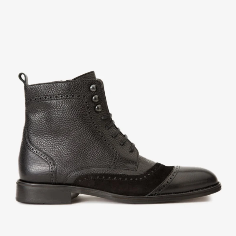 The Anderson Black Leather & Suede Brogue Lace-Up Men Boot with a Zipper