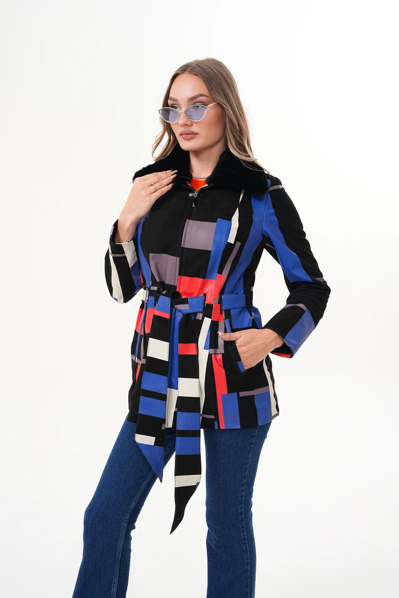 The Mirage Geo Pattern Multicolor Leather Women Jacket