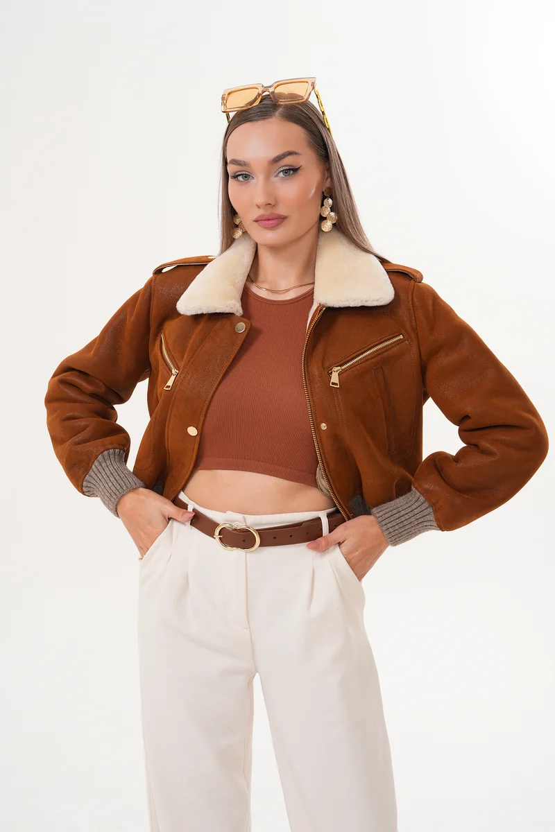 The Amber Shearling Collar Brown Suede Women Leather Jacket