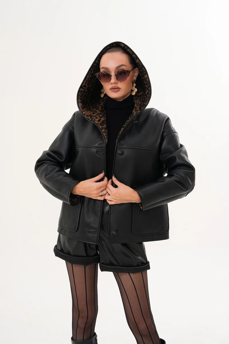 The Arlena Black & Leopard Shearling Leather Women Jacket