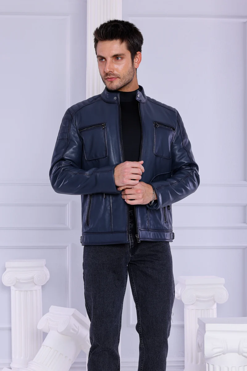 The Argento Navy Blue Leather Men Jacket