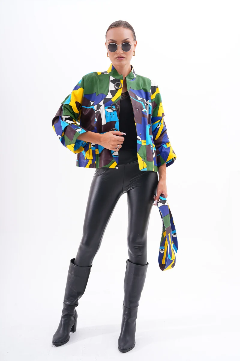 The Odessa Multicolor Geometric Art Leather Women Jacket