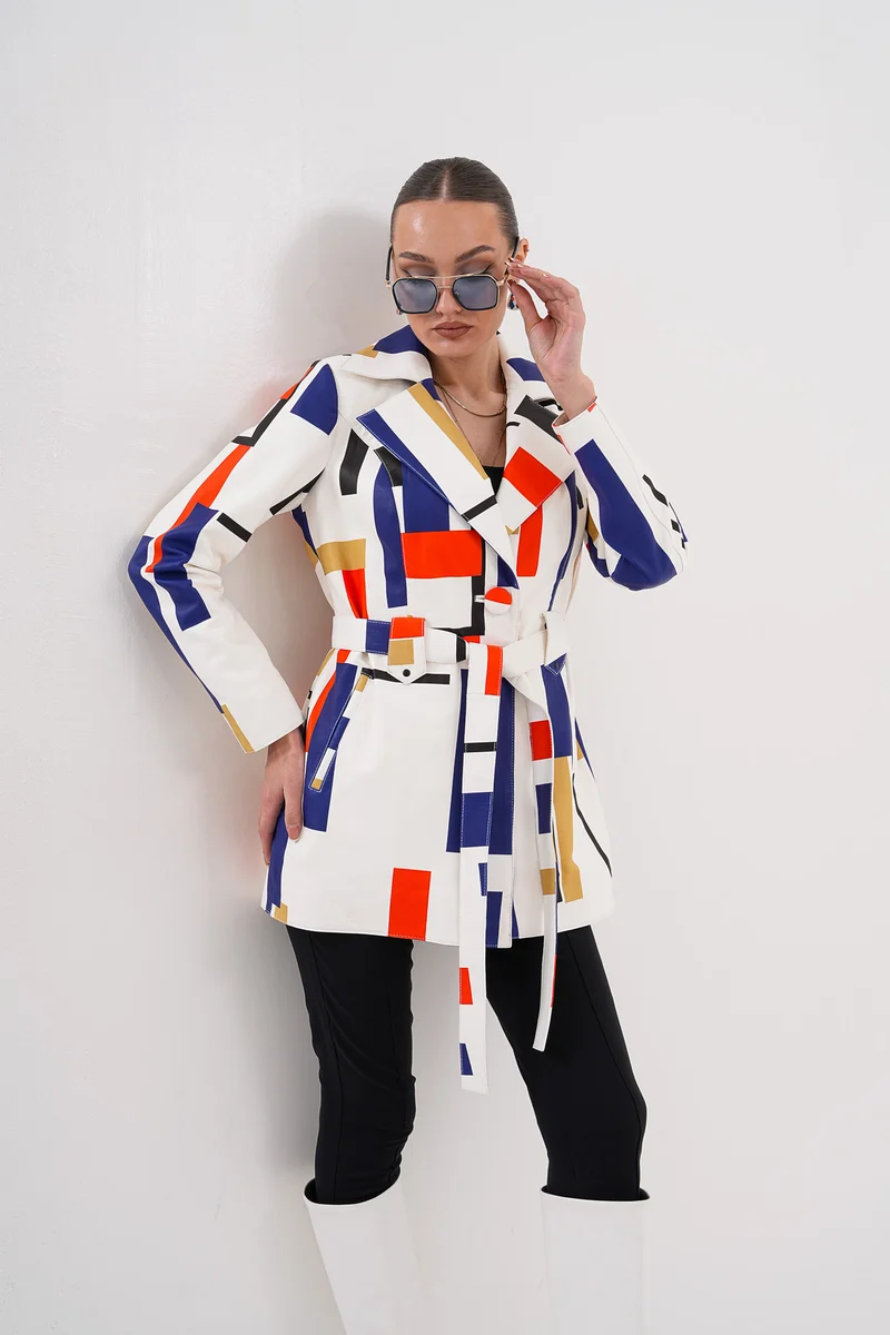 Sienna Abstract Art Leather Women Jacket – Red Navy Edition