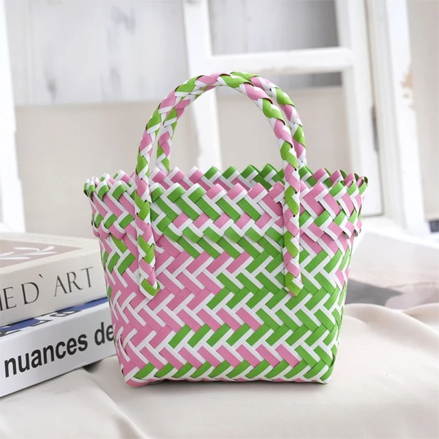 Green Pink Handwoven Fresh PP Tote Bag with Upright Square Structure