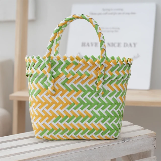 Yellow Handwoven Fresh PP Tote Bag Green Yellow Contrastion