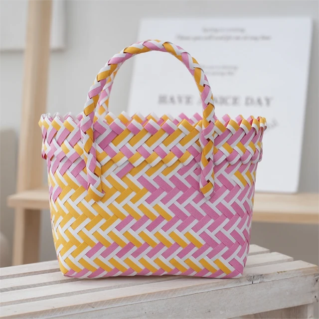 Yellow Handwoven Fresh PP Tote Bag Pink Yellow Contrastion