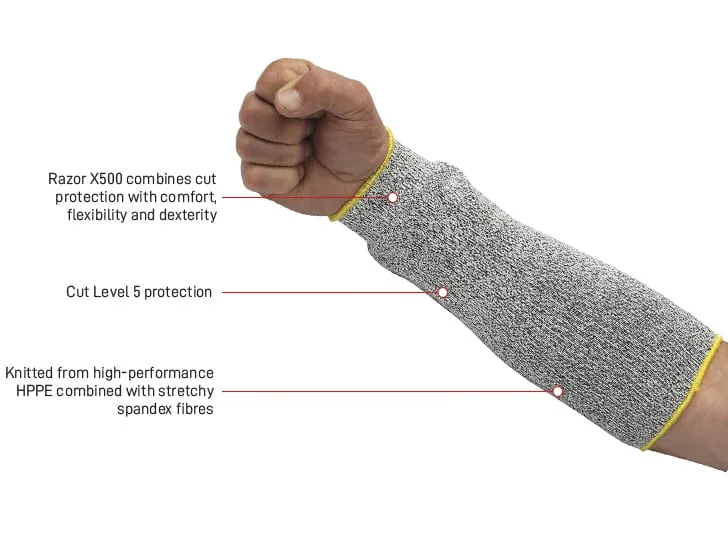 RAZOR X500 Cut 5 HPPE cut resistant without thumb hole, 30cm length