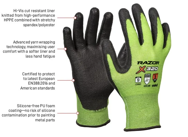 RAZOR X320 HiVis Green HPPE Cut Level 3, Black PU coating