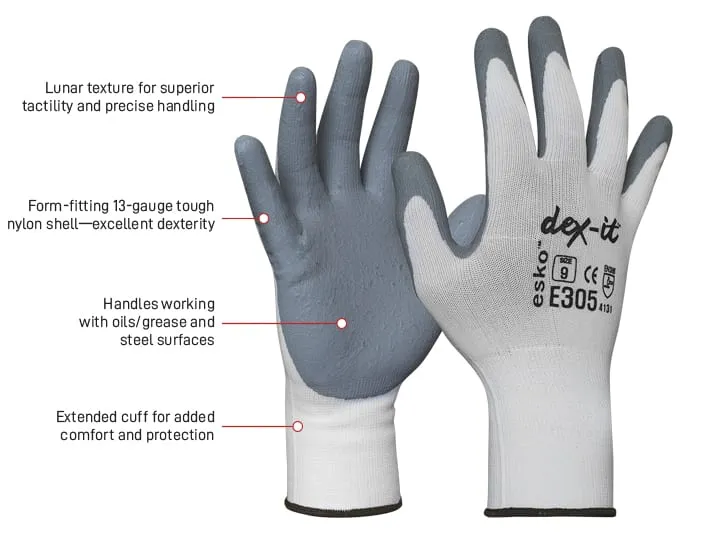 ESKO DEX-IT Glove, Grey Foam Nitrile Coating on White Nylon liner