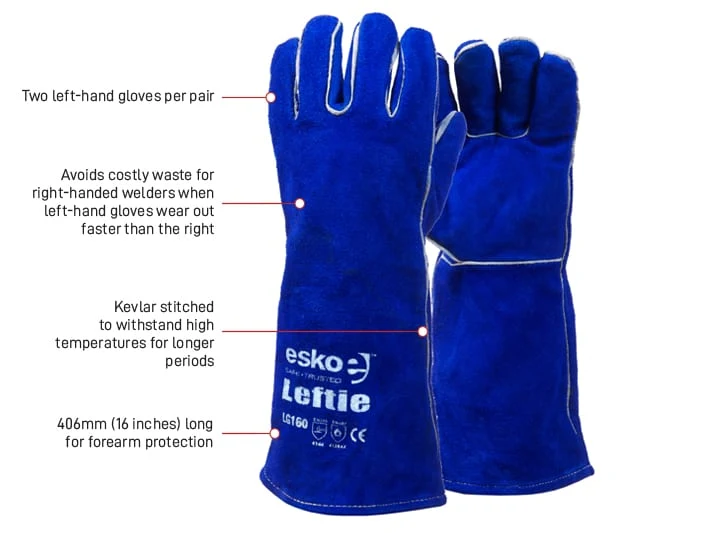 Leftie, Premium left hand pair blue welders gloves, lined, welted, 406mm