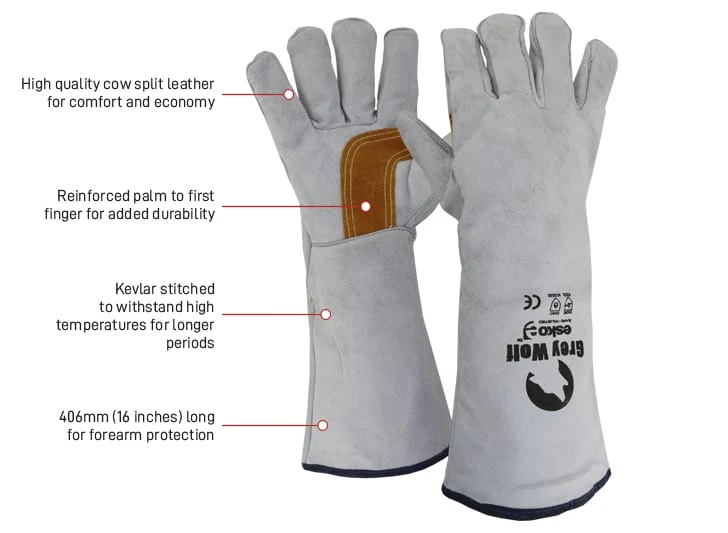 Grey Wolf, grey/gold welders glove, reinforced palm, lined & kevlar stitched 406mm
