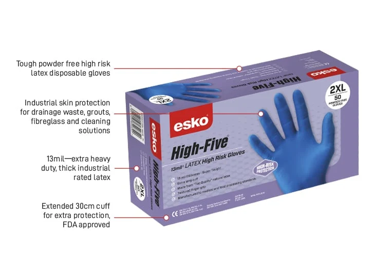 ESKO HIGH FIVE High Risk latex disposable gloves, 13-mil thickness for extra protection