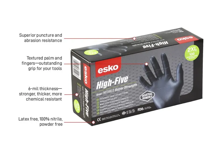 ESKO HIGH FIVE super strength heavy duty industrial black nitrile disposable gloves