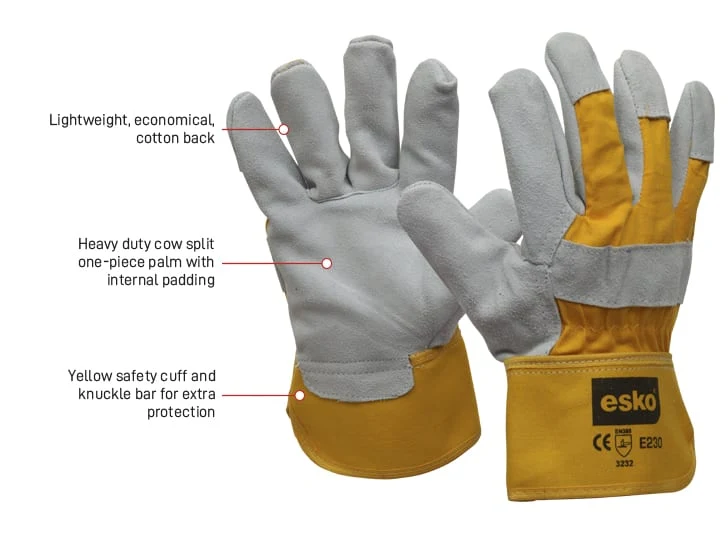 ESKO Heavy duty leather, cotton glove, grey & yellow with safety cuff. 'A grade'
