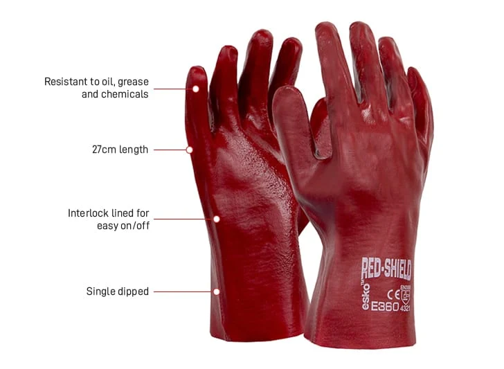 RED SHIELD, Red PVC single dipped glove with interlock liner, 27cm