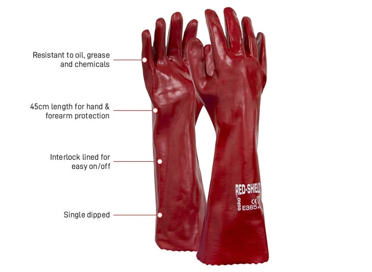 RED SHIELD, Red PVC single dipped glove with interlock liner, 45cm
