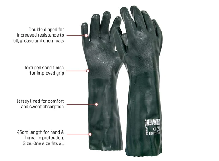 GREEN SHIELD, Green PVC single dipped glove with interlock liner, 45cm