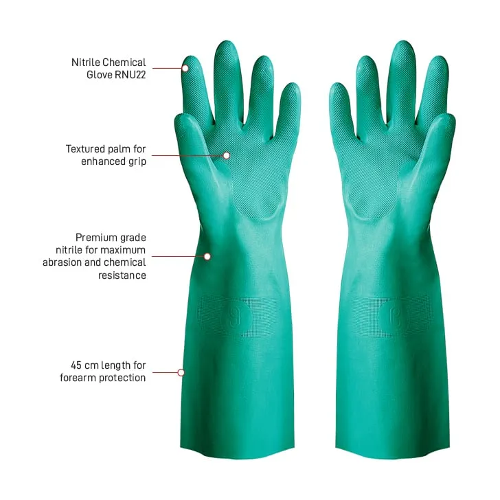 Nitrile Chemical Glove Premium quality, 45cm long, unlined GREEN Sizes 8-10