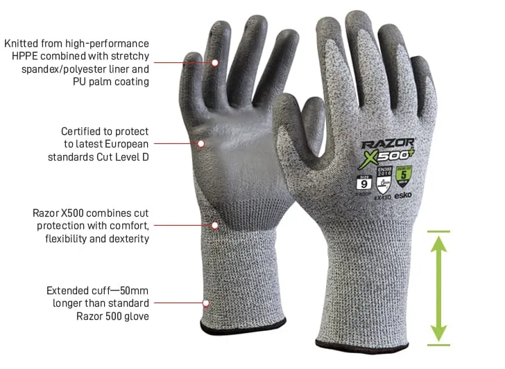 RAZOR PLUS, X500+ Glove, Grey HPPE Cut level 5, Grey PU coating, Long cuff, sizes 8-11