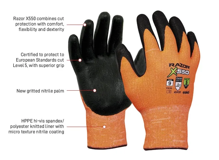 RAZOR X550, Nitrile coated Cut resistant Level 5 Orange HPPE Fibre Liner, Sizes 7-11