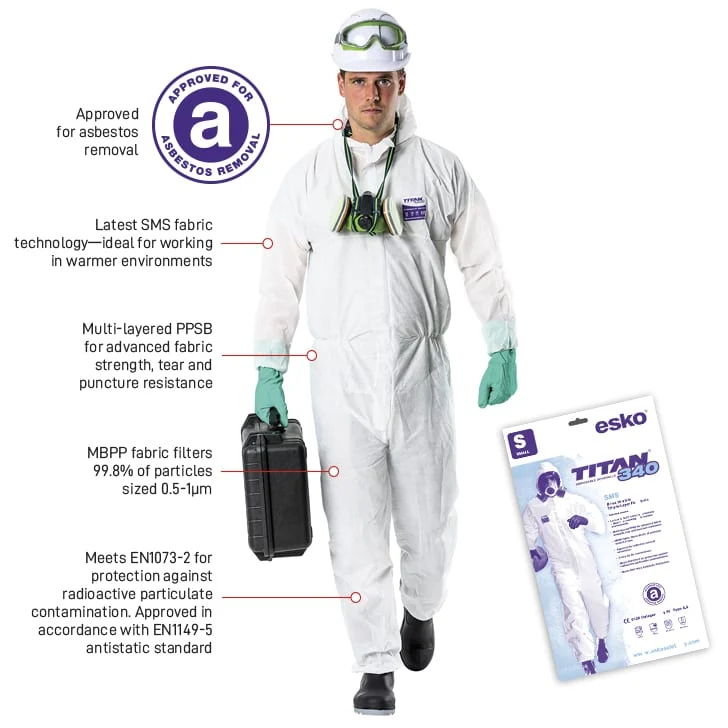 TITAN 340 SMS Type 5 & 6 Asbestos Polypropylene Coverall, white, sizes S-5XL
