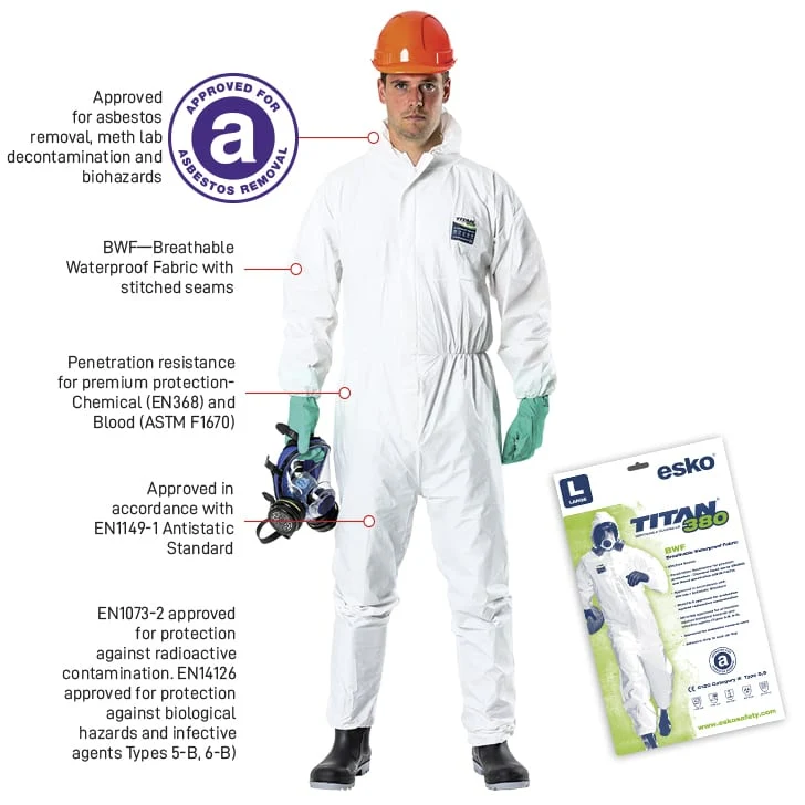 TITAN 380 BWF fabric, Biohazard Type 5 & 6 Asbestos & water resistant coverall, white, sizes S-4XL