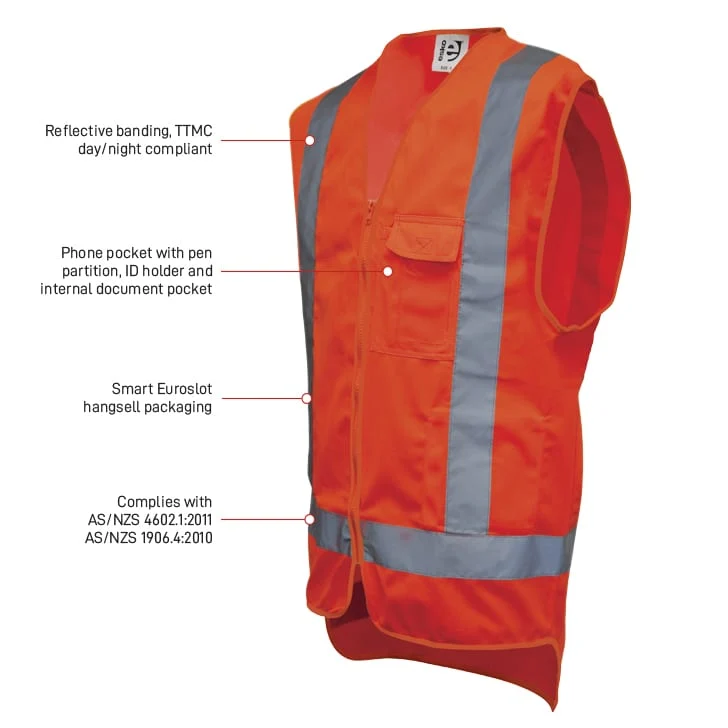 Hi-Vis Orange Day/Night Safety Vest c/w cellphone, ID & Pen pocket- Size XS-4XL
