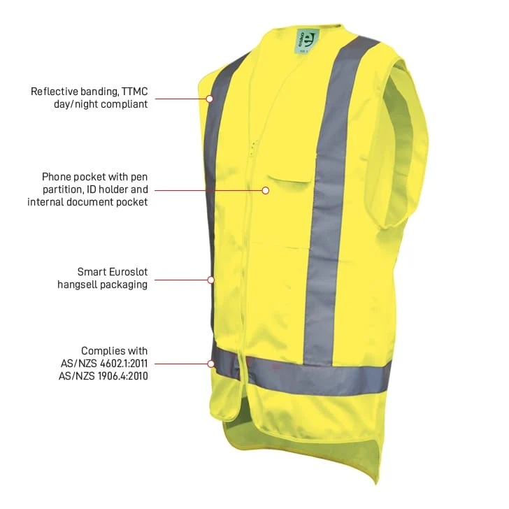Hi-Vis Yellow Day/Night Safety Vest c/w cellphone, ID & Pen pocket- Size XS-4XL