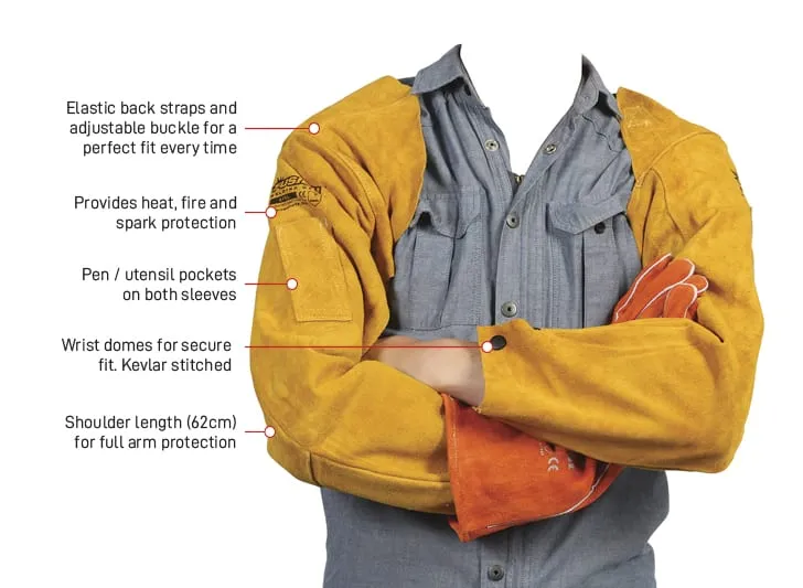 Fusion Welders sleeves, shoulder length (62cm), with leather strap and silver buckle