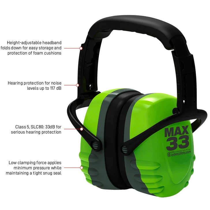 MAX 33 Collapsible Earmuff, 33dB Class 5, Green/Grey