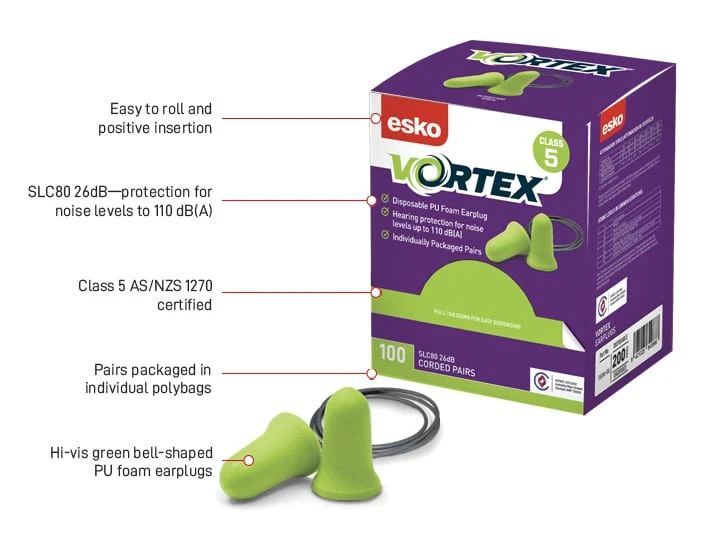 Vortex Bell Shaped Corded Earplugs, Class 5 - 26dB 100 pairs/ box green