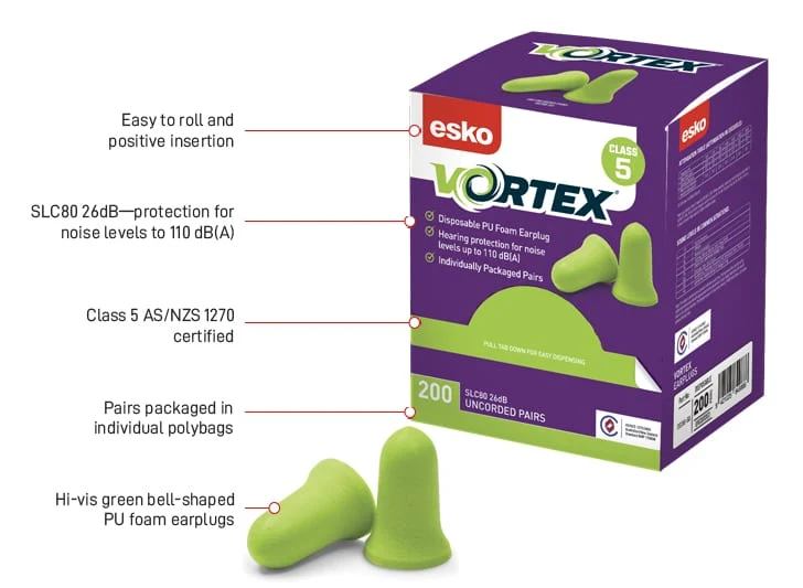 Vortex Bell Shaped Un-Corded Earplugs, Class 5 - 26dB 200 pairs/ box green