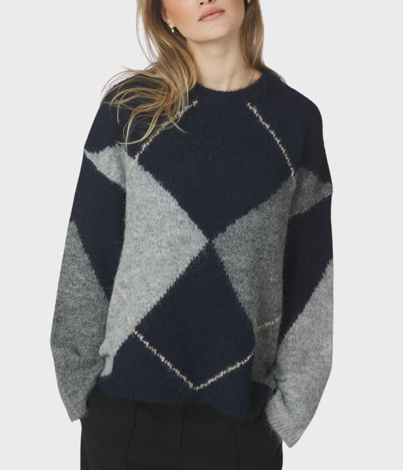 Inga Check Fluff Knit Blouse (141 Navy)