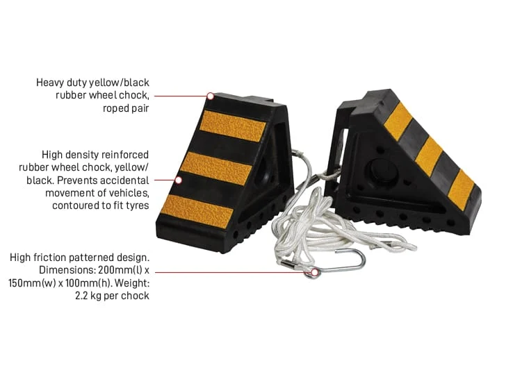 Wheel Chocks Pair with rope, Black/Yellow Striped, Heavy duty rubber