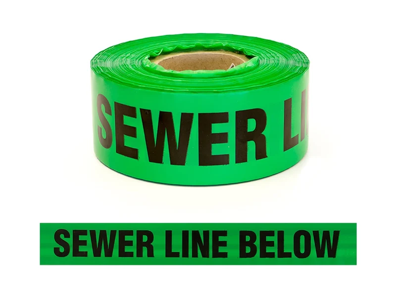 Trench Warning Tape, "SEWER LINE BELOW", Black/Green, 75mm x 250m