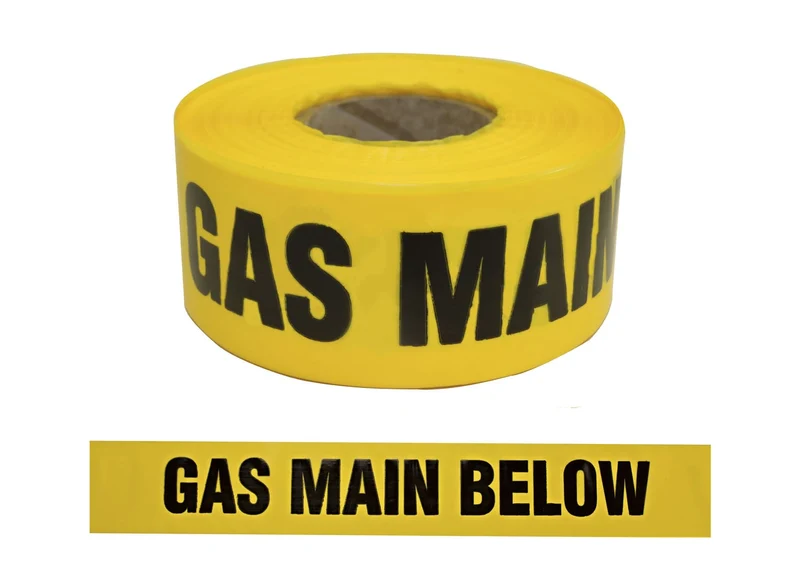 Trench Warning Tape, "GAS MAIN BELOW, Black on Yellow, 75mm x 250m