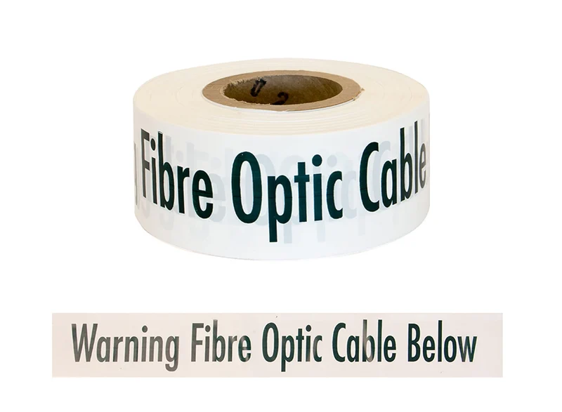 Trench Warning Tape, "WARNING FIBRE OPTIC CABLE BELOW", Black on White, 75mm x 250m
