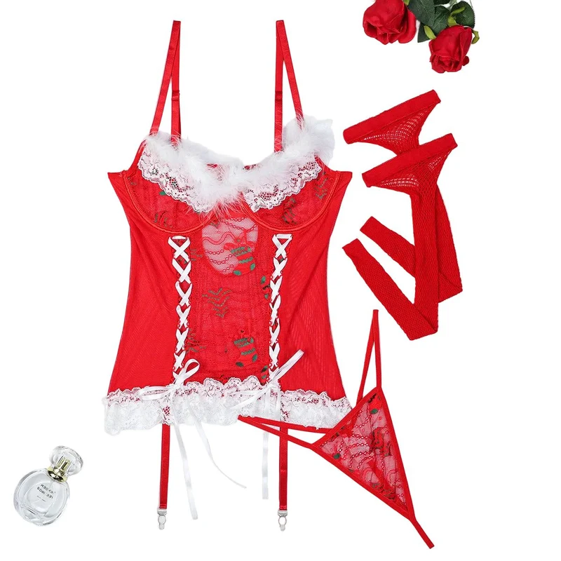 M House Of Dasein Christmas Red Lace Cross Band Feather Strap Three