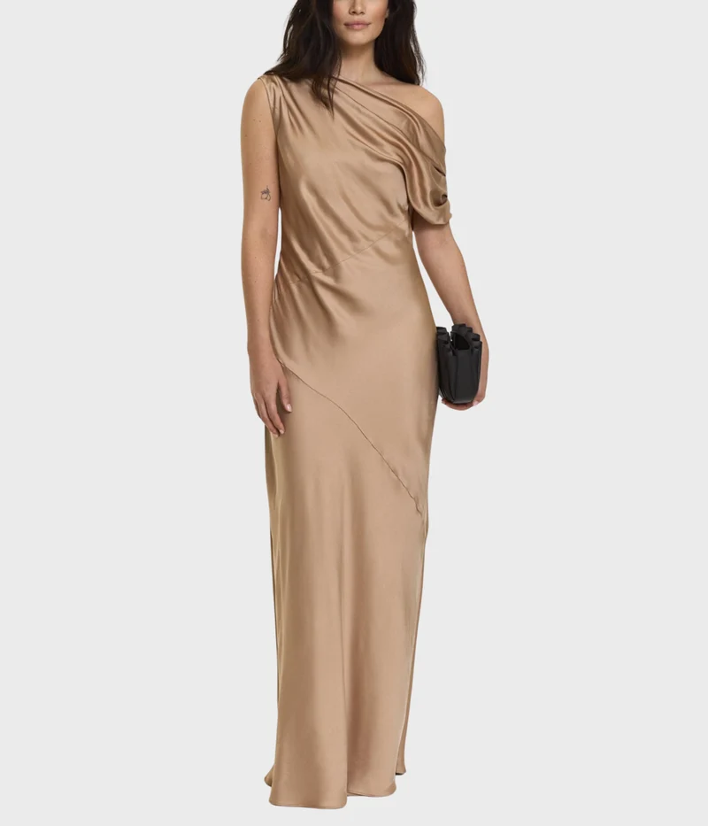 Vanessa Satin Dress (Golden Beige)