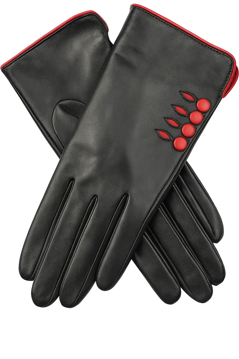 Black Dents Womens Leather Gloves w/ Button Detail Piped Cuff & Silk
